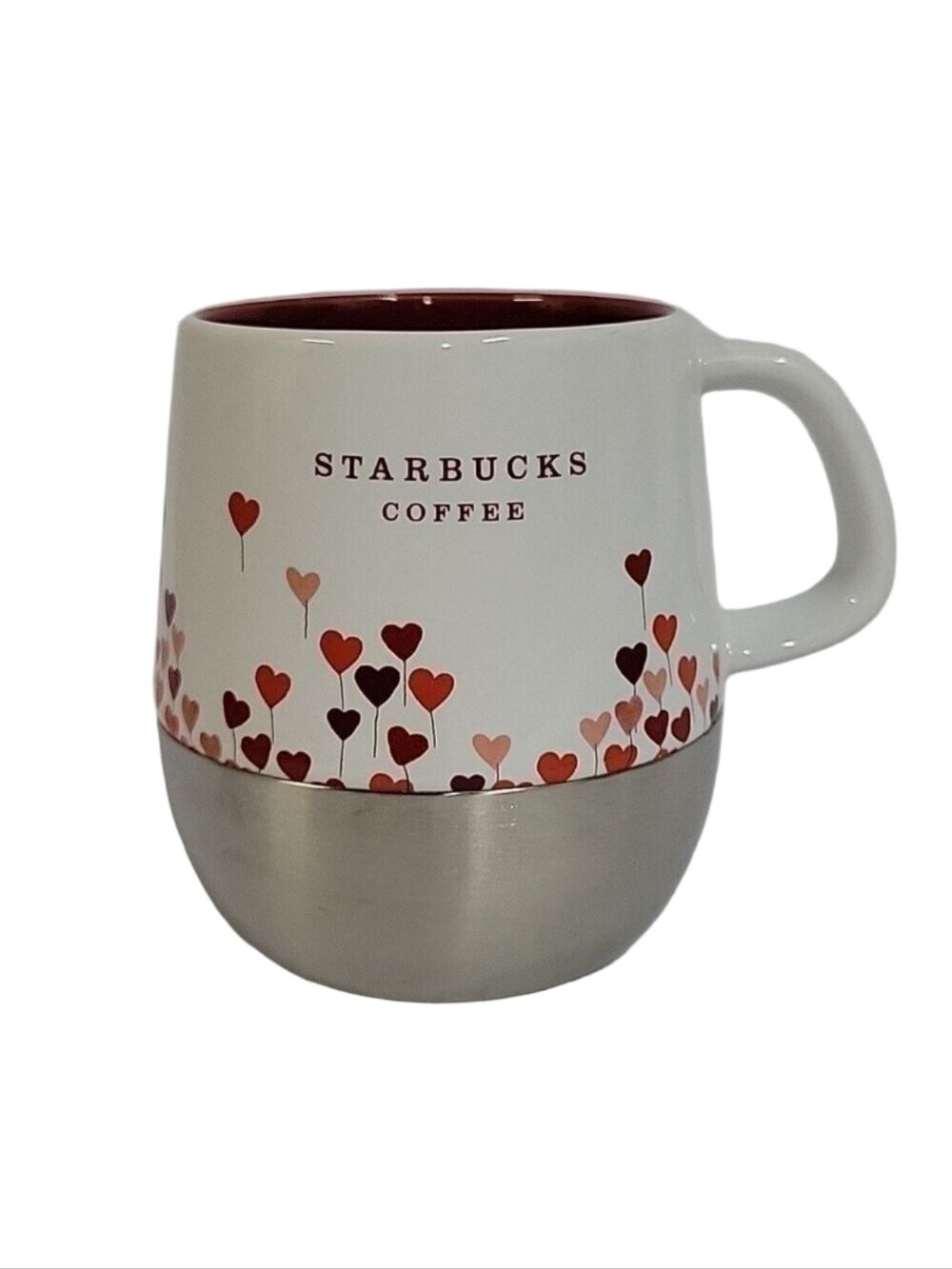 2007 Starbucks Coffee Mug, Red Heart Balloons Silver Metal Base, Valentine's Day